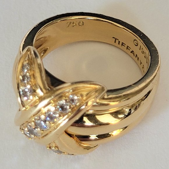 Vintage Tiffany & Co 18K Yellow Gold Diamond Signature X Band Ring - Picture 9 of 16